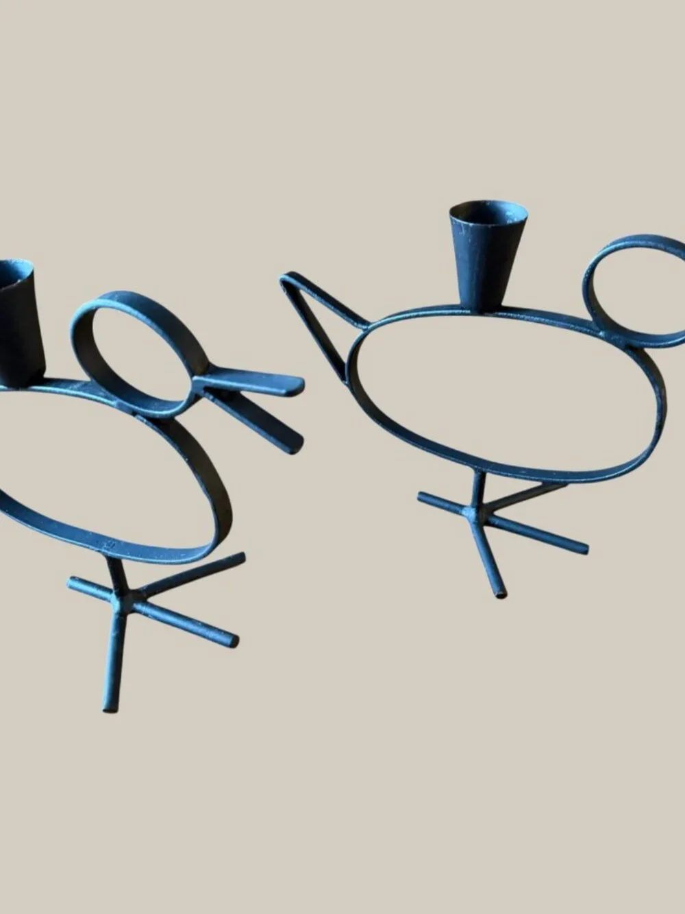 Vintage Black Metal Bird Candle Holders Pair Folk Art Mid Century Style Decor